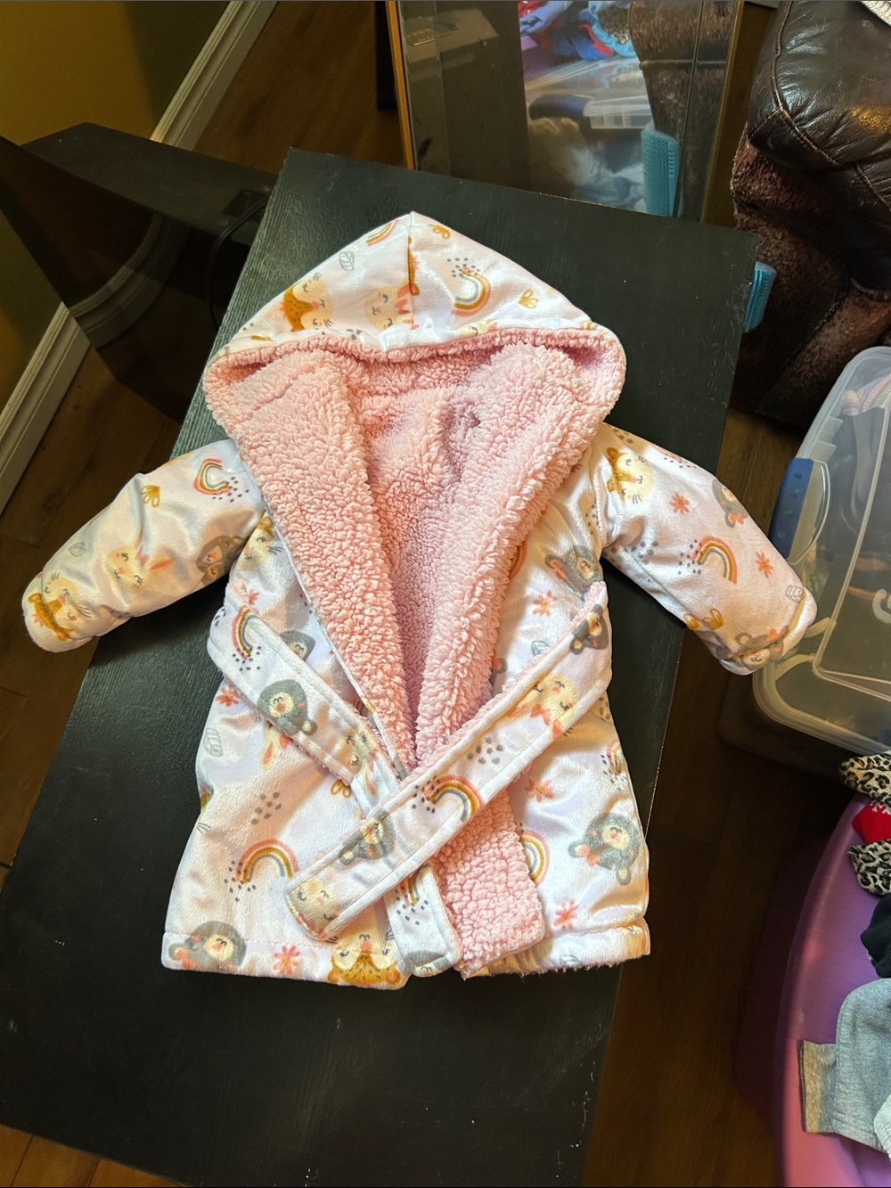3/$15 Cozy Pink Hooded Kids Robe with Rainbow & Animal Print